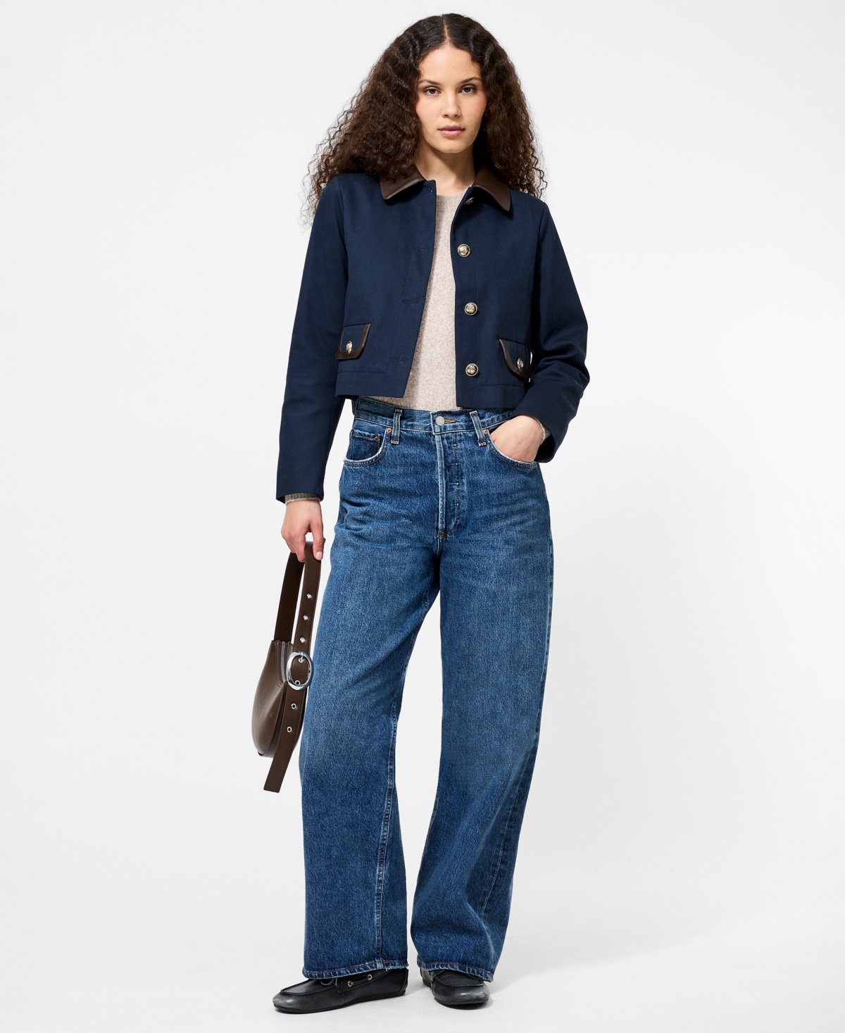 French Connection Denim Jacket With Faux Leather Trim In Blue