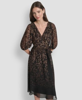 Women's Balloon Sleeve Faux Wrap Midi Dress