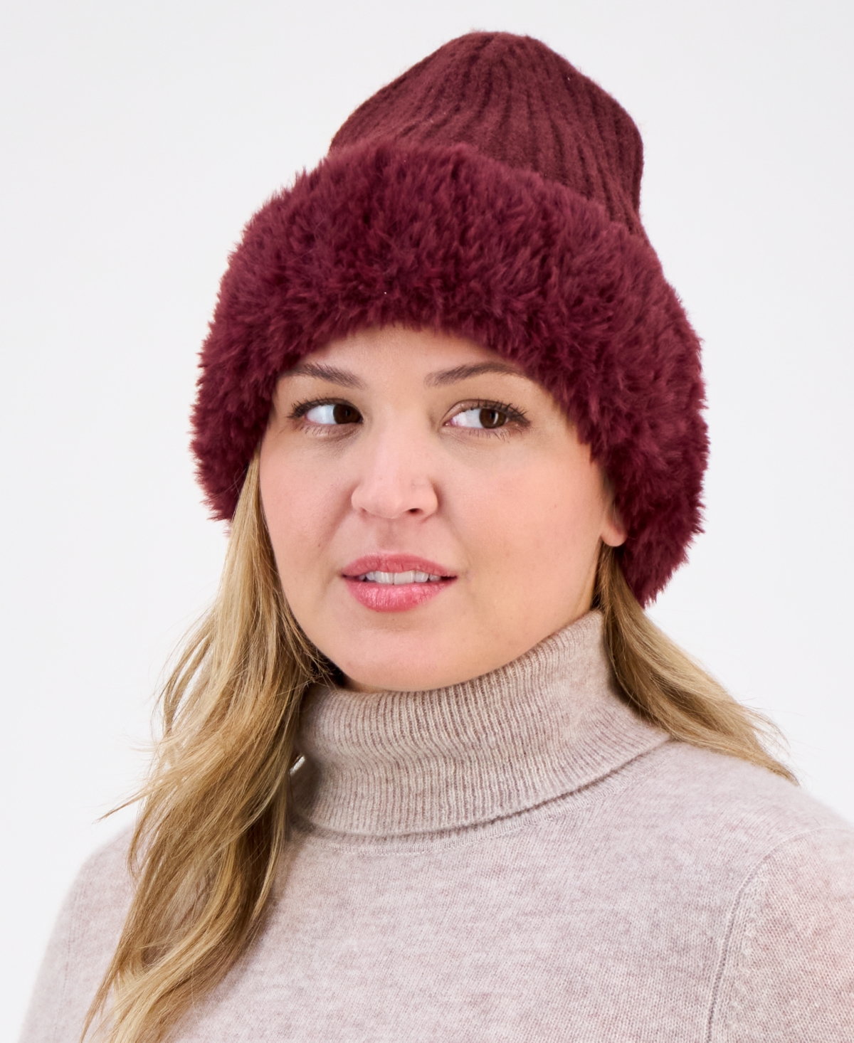 Inc International Concepts Faux Fur Cuff Ribbed Knit Beanie, Macy's Exclusive In Burgundy
