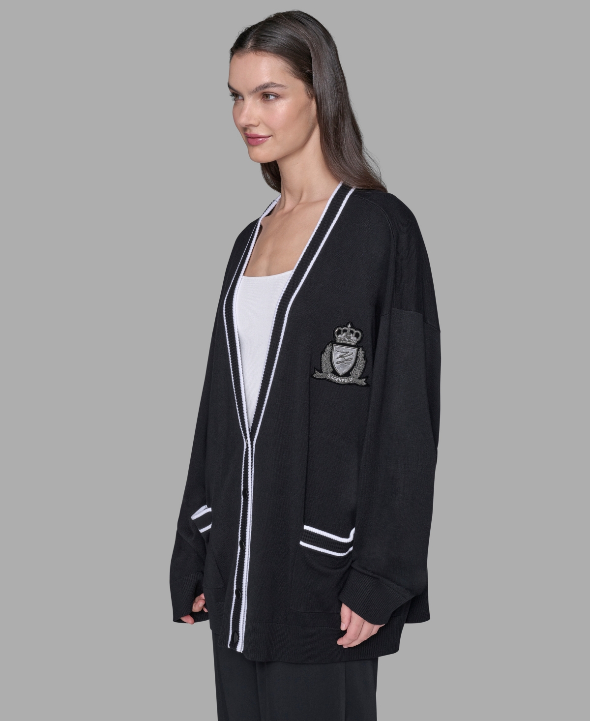 Karl Lagerfeld Women's Patch Button Front Cardigan Sweater In Black