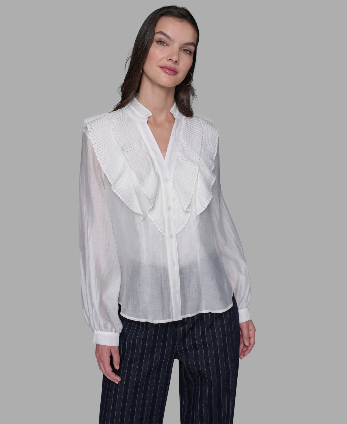 Karl Lagerfeld Women's Ruffle Button Woven Collar Neck Top In White