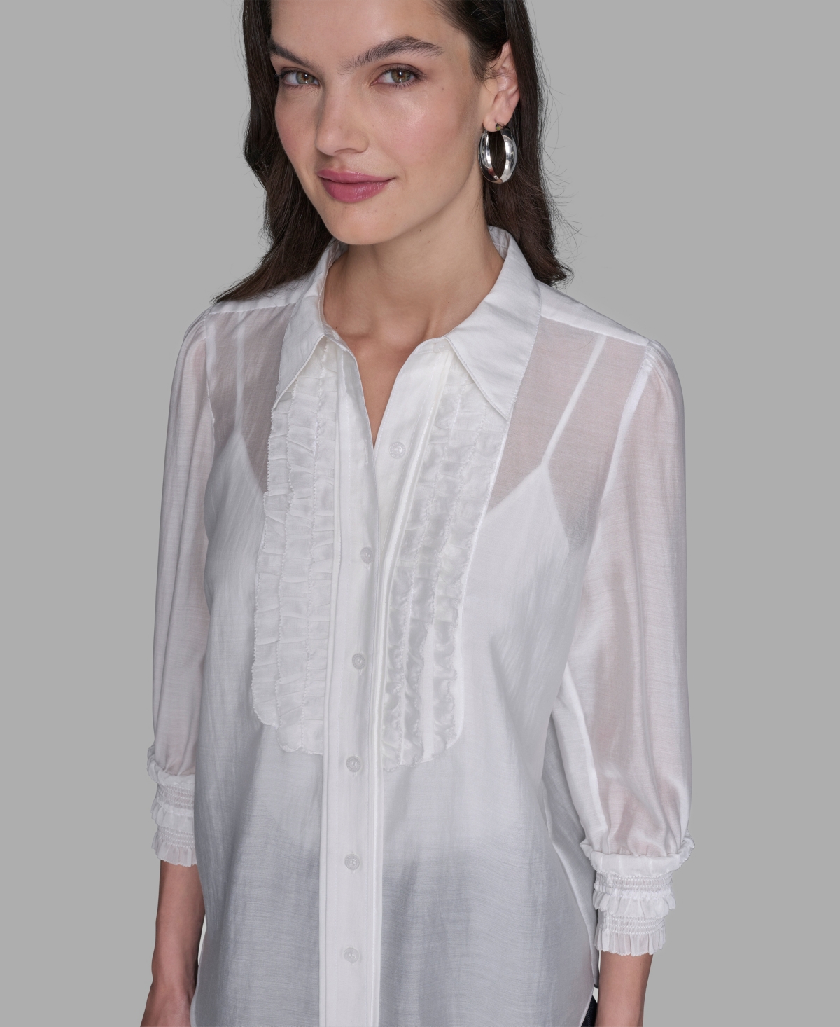 Karl Lagerfeld Women's Ruffle Button Woven Collar Neck Top In White