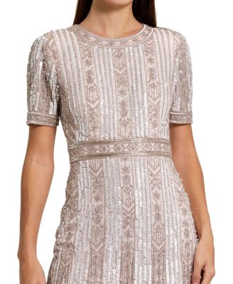 Women's High Neck Short Sleeve Crystal Fringe Column Dress