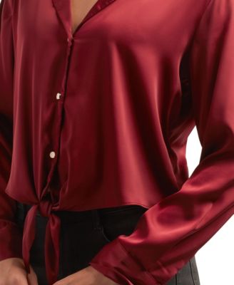 Juniors Long-Sleeve Tie-Hem Long-Sleeve  Satin Top