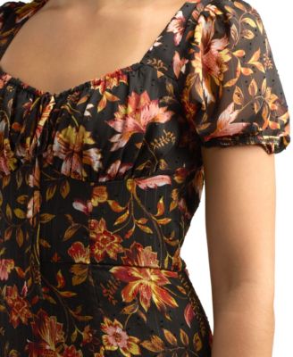 Juniors' Sweetheart-Neck Print Puff-Sleeve Dress