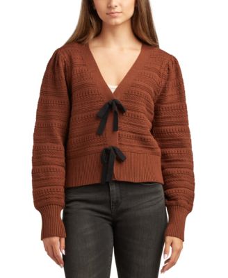 Juniors V-Neck Bow-Trim Long-Sleeve Cardigan