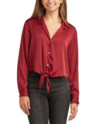 BCX - Women's Long-Sleeve Tie-Hem Long-Sleeve  Satin Top