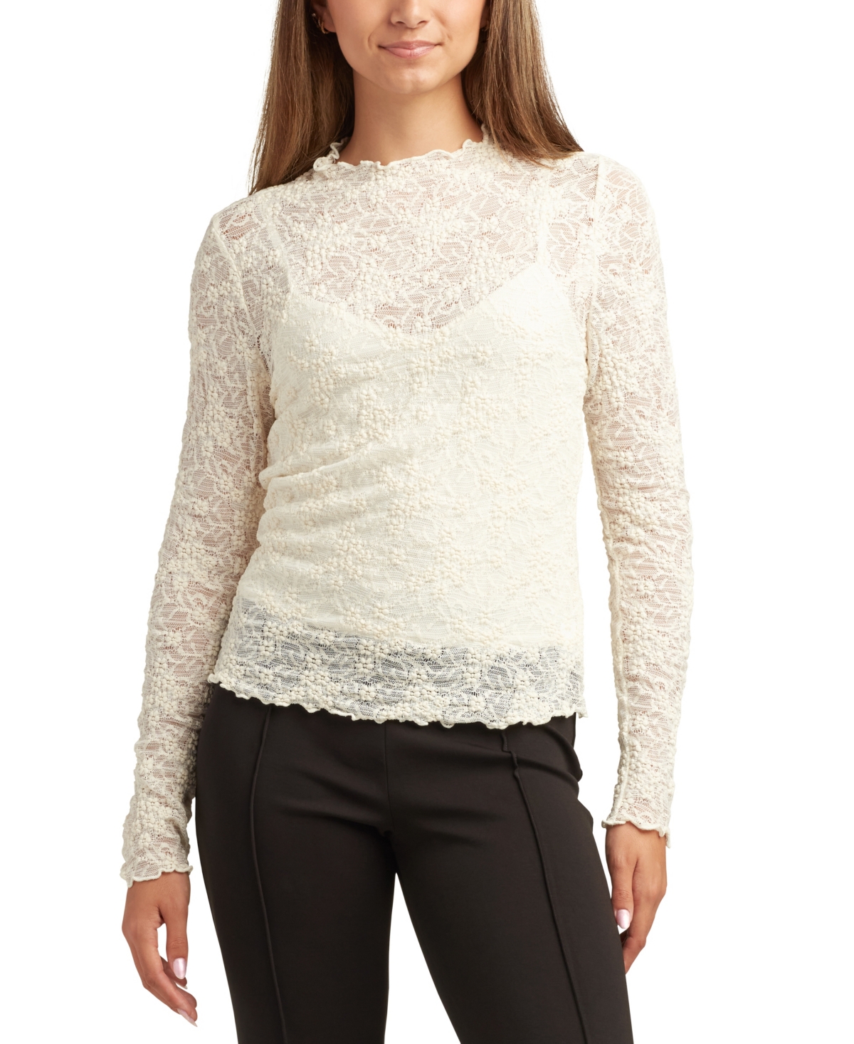 Bcx Juniors Patchwork Mock-neck Long-sleeve Lace Top In White