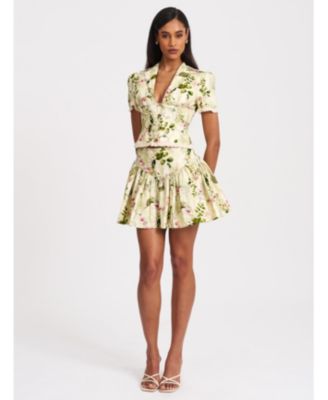 Women Zanella Green Floral Print Lace Trim Linen Top