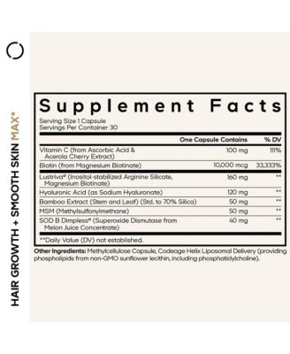 Hair Growth + Smooth Skin Max Vitamins Supplement - Hair Growth Health Skin Cellulite Support - Biotin, Vitamin C, MSM - 30 Capsules