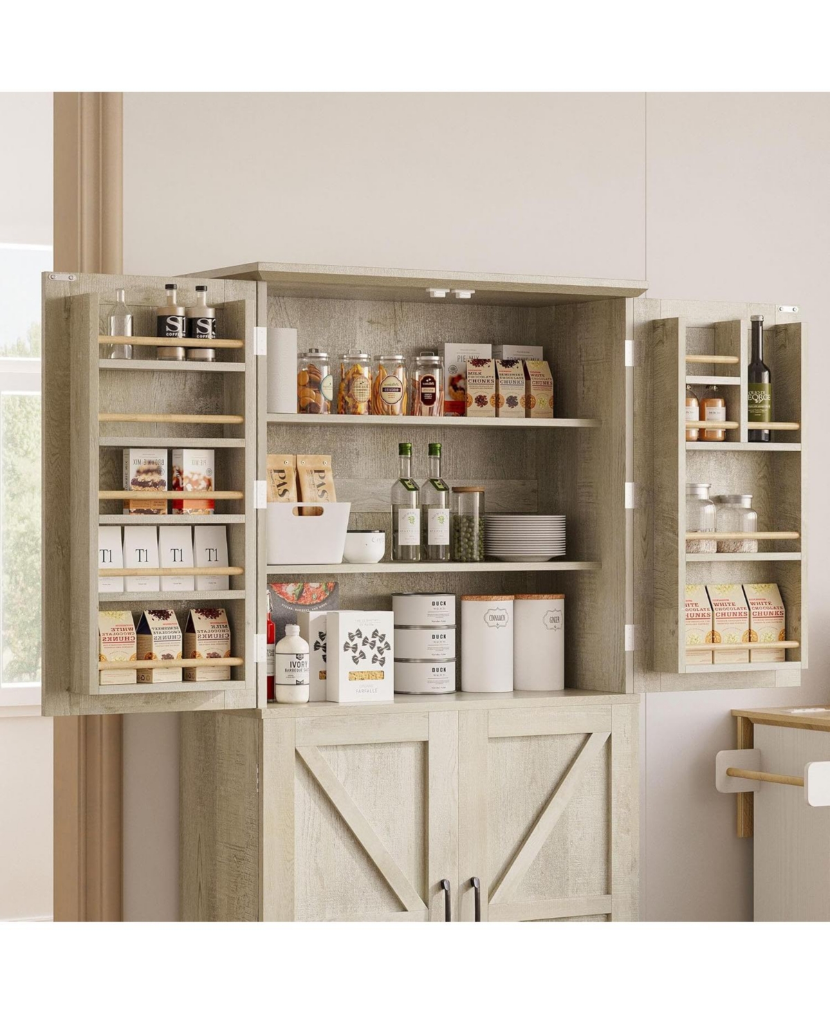 Ironck Kitchen Pantry Cabinet 72.8" H, 4 Barn Doors with Storage Rack, Brown