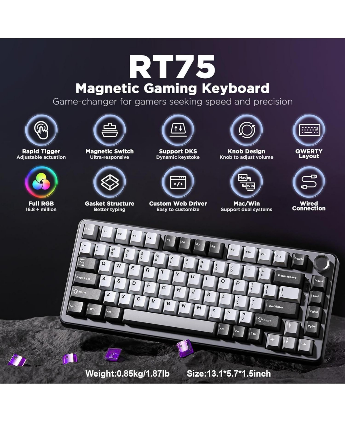 Yunzii RT75 Rapid Trigger Wired Gaming Keyboard,Hall Effect Magnetic Switch,Adjustable Actuation Esports,75% Tkl Layout Pbt Keycaps (Black, Outemu Swi