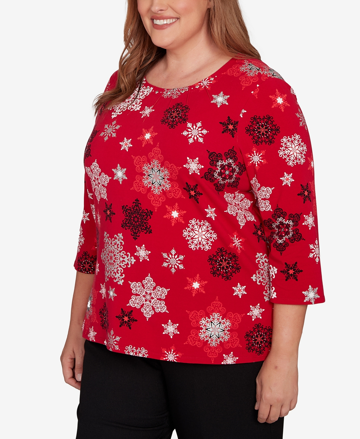 Alfred Dunner Plus Size Classic Embellished Snowflake Pleated Neck Top In Red