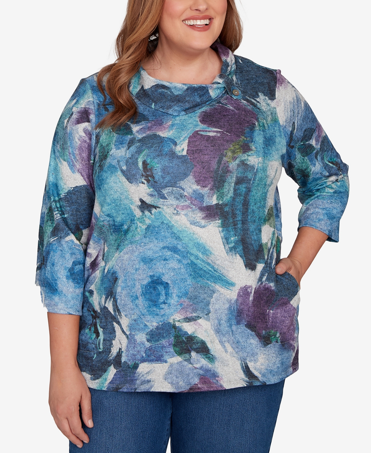 Alfred Dunner Plus Size Classic Floral Brushstroke Mock Neck Top In Multi
