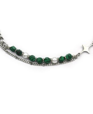 Layered Stainless Steel Green Beaded Neckalce with Star Charms