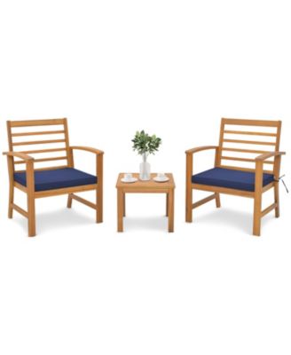 3PCS Furniture Set Acacia Wood Conversation Set w/ Soft Seat Cushions Outdoor