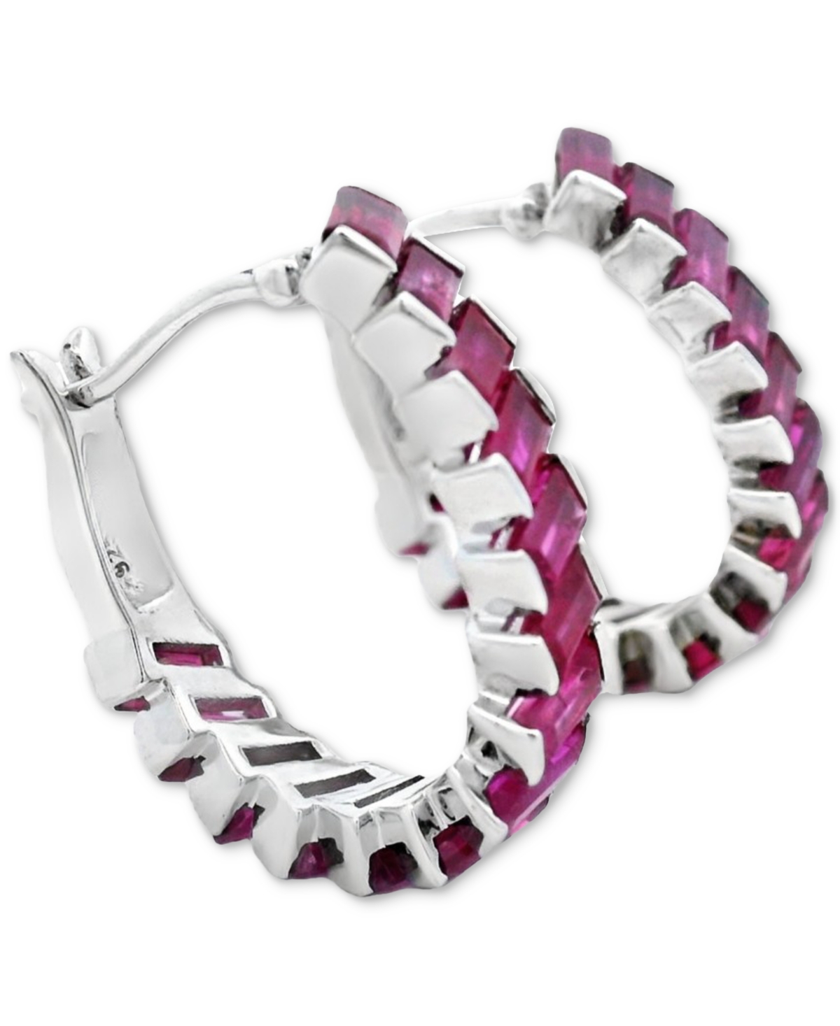 Macy's Ruby Baguette Small Hoop Earrings (3-7/8 Ct. T.w.) In Sterling Silver, 0.47" In Red
