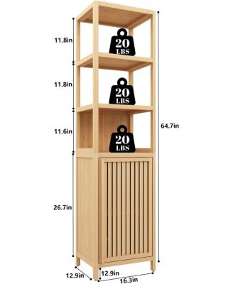 VANIRRO Natural Bamboo Tall Bathroom Floor Cabinet – 64.7” H Freestanding Linen Tower with 1 Cupboard & 3 Open Shelves, Storage Organizer for Bathroom