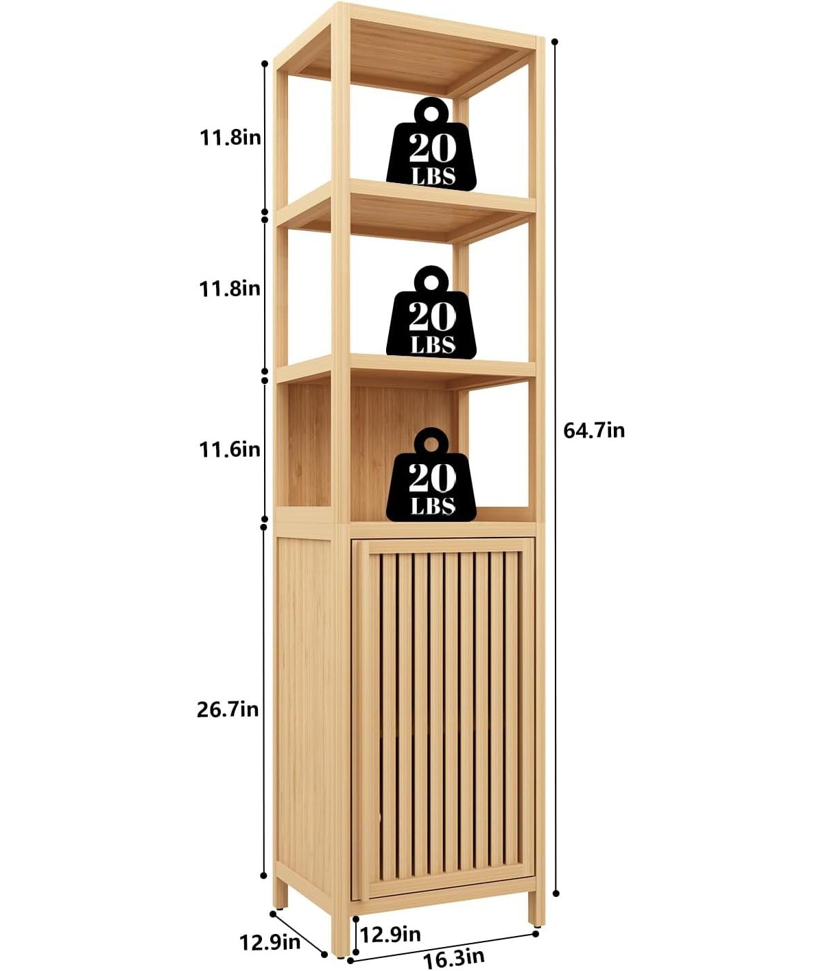 Vanirro Natural Bamboo Tall Bathroom Floor Cabinet – 64.7" H Freestanding Linen Tower with 1 Cupboard & 3 Open Shelves, Storage Organizer for Bathroom