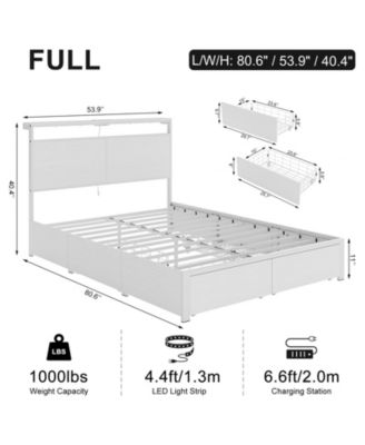 Modern Full Size Bed Frame with 4 Storage Drawers & LED Headboard & Charging Station