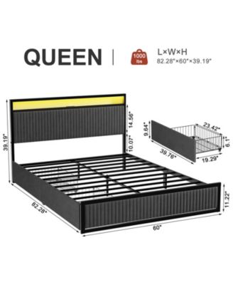 Upholstered Queen Bed Frame with 2 Storage Drawers, LED Headboard, USB Ports, Dark Gray