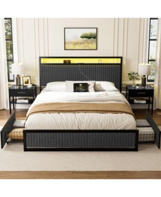 Upholstered Full Bed Frame with 2 Storage Drawers, LED Headboard, USB Ports, Dark Gray
