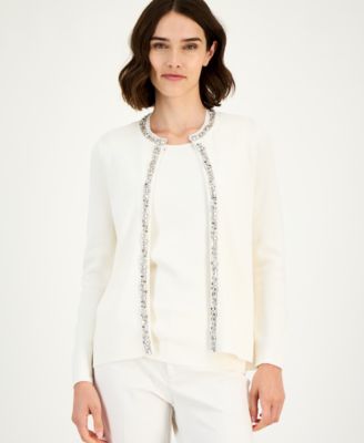Anne Klein Womens Rhinestone Trim Cardigan Sleeveless Knit Top Bootcut Suit Pants In White