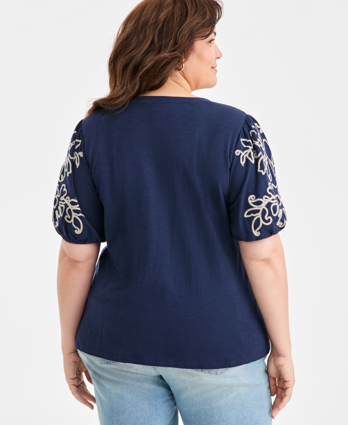 Style & Co Plus Size Cotton Embroidered-sleeve Top, Macy's Exclusive In Blue