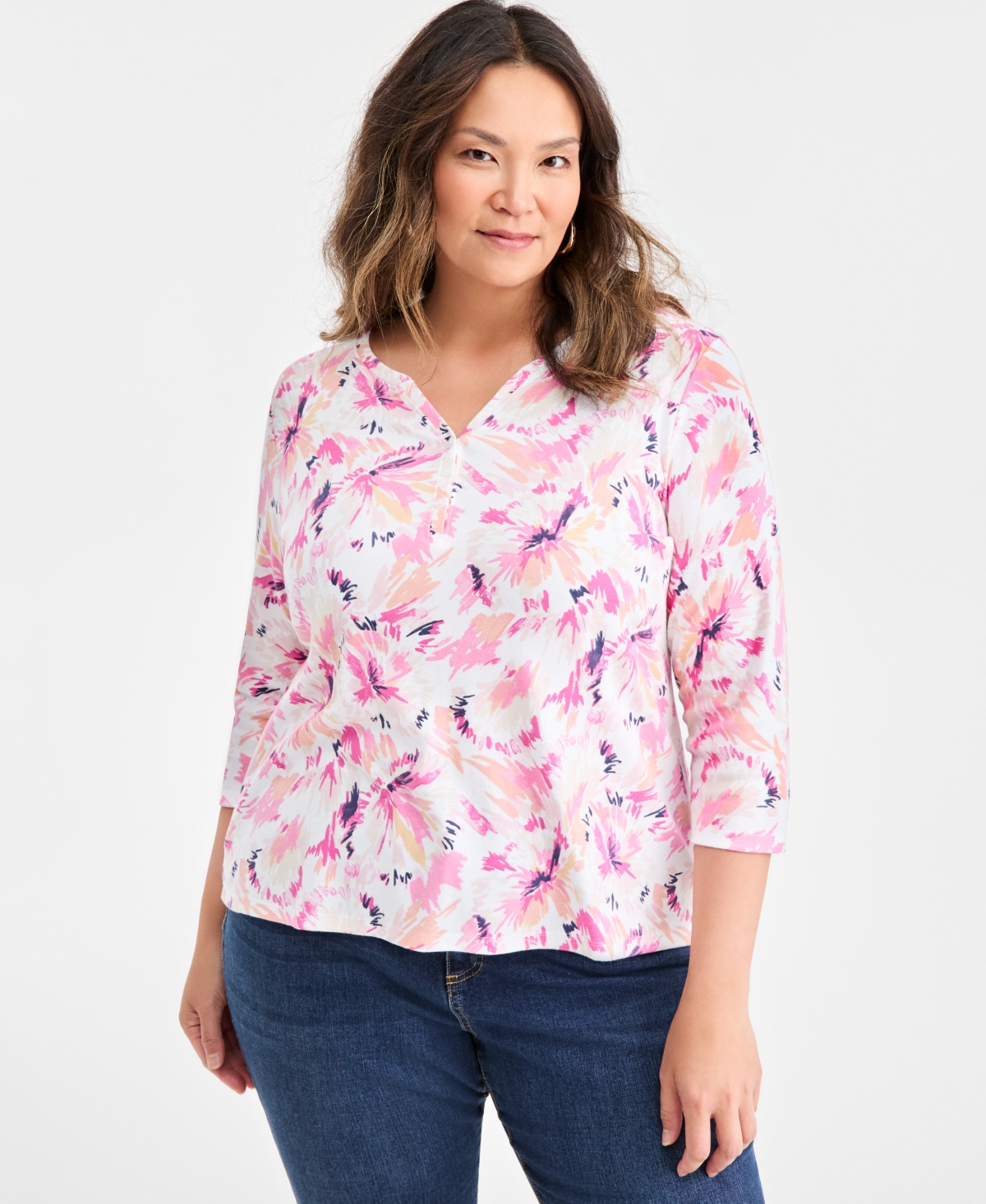 Style & Co Plus Printed Henley 3/4-Sleeve Top, Macy's Exclusive