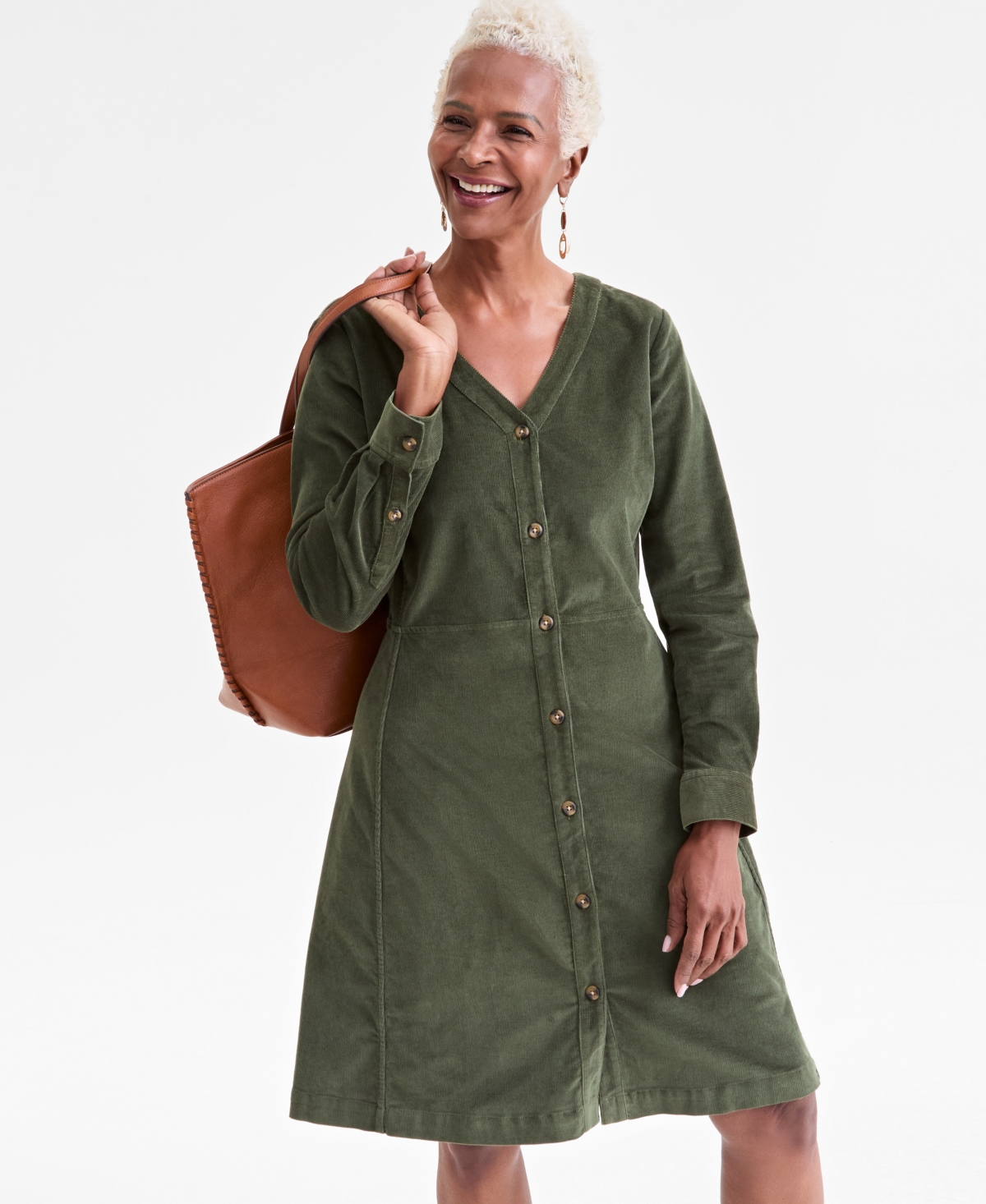 Style & Co Women's Corduroy Button-front V-neck Dress, Macy's Exclusive In Green