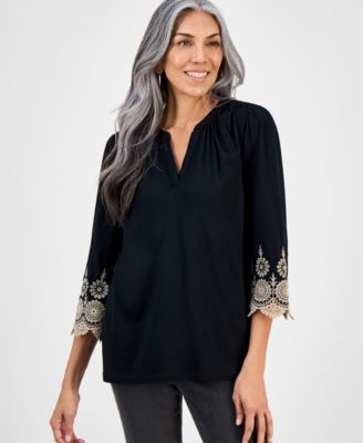 Style & Co - Petite Embroidered-Sleeve Top