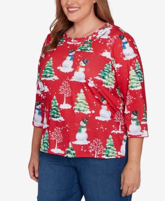 Plus Size Classic Snowmen Printed Crew Neck Top