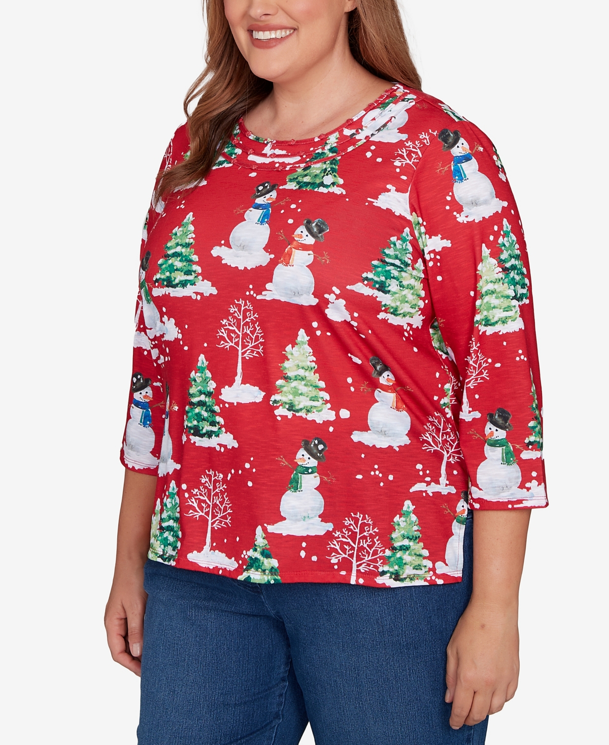Alfred Dunner Plus Size Classic Snowmen Printed Crew Neck Top In Red