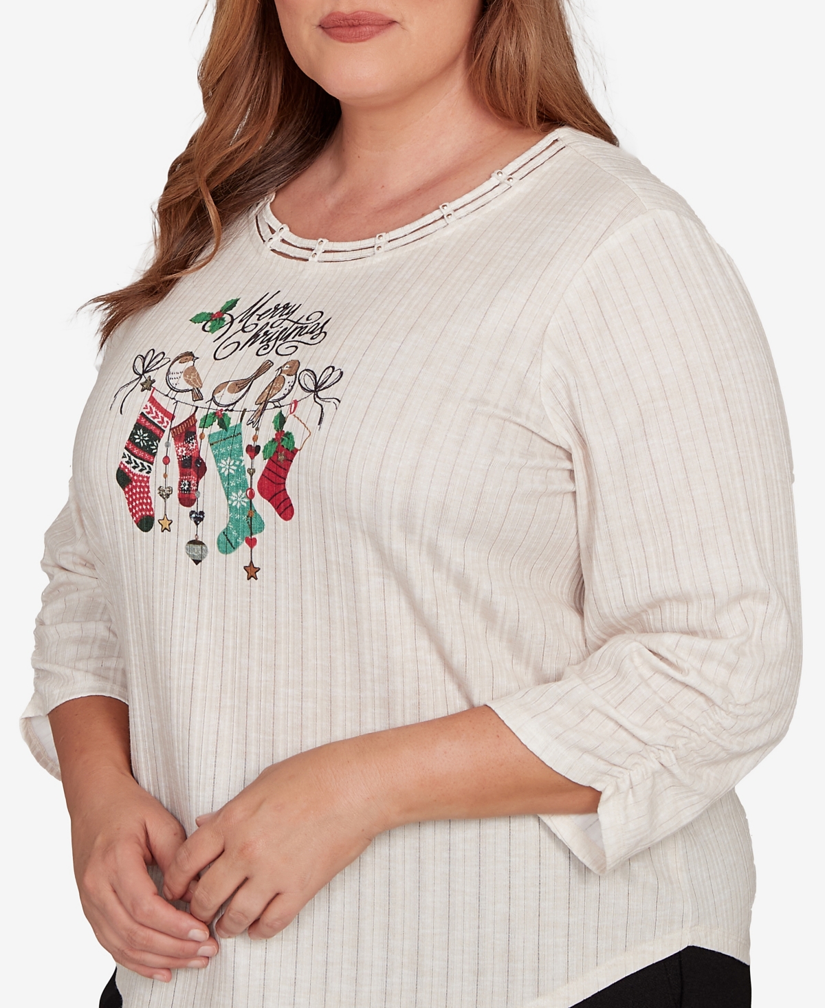 Alfred Dunner Plus Size Classic Holiday Stockings Gathered Sleeve Top In Neutral