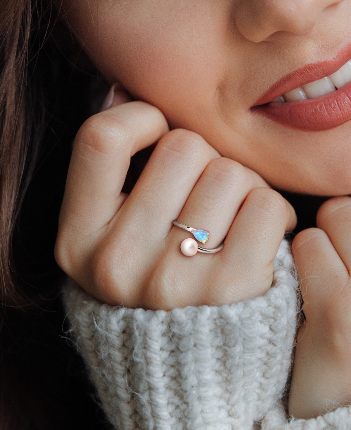 Macy's Cultured Freshwater Pearl (6mm) & Opal (3/8 Ct. T.w.) Bypass Ring In Sterling Silver In Multi