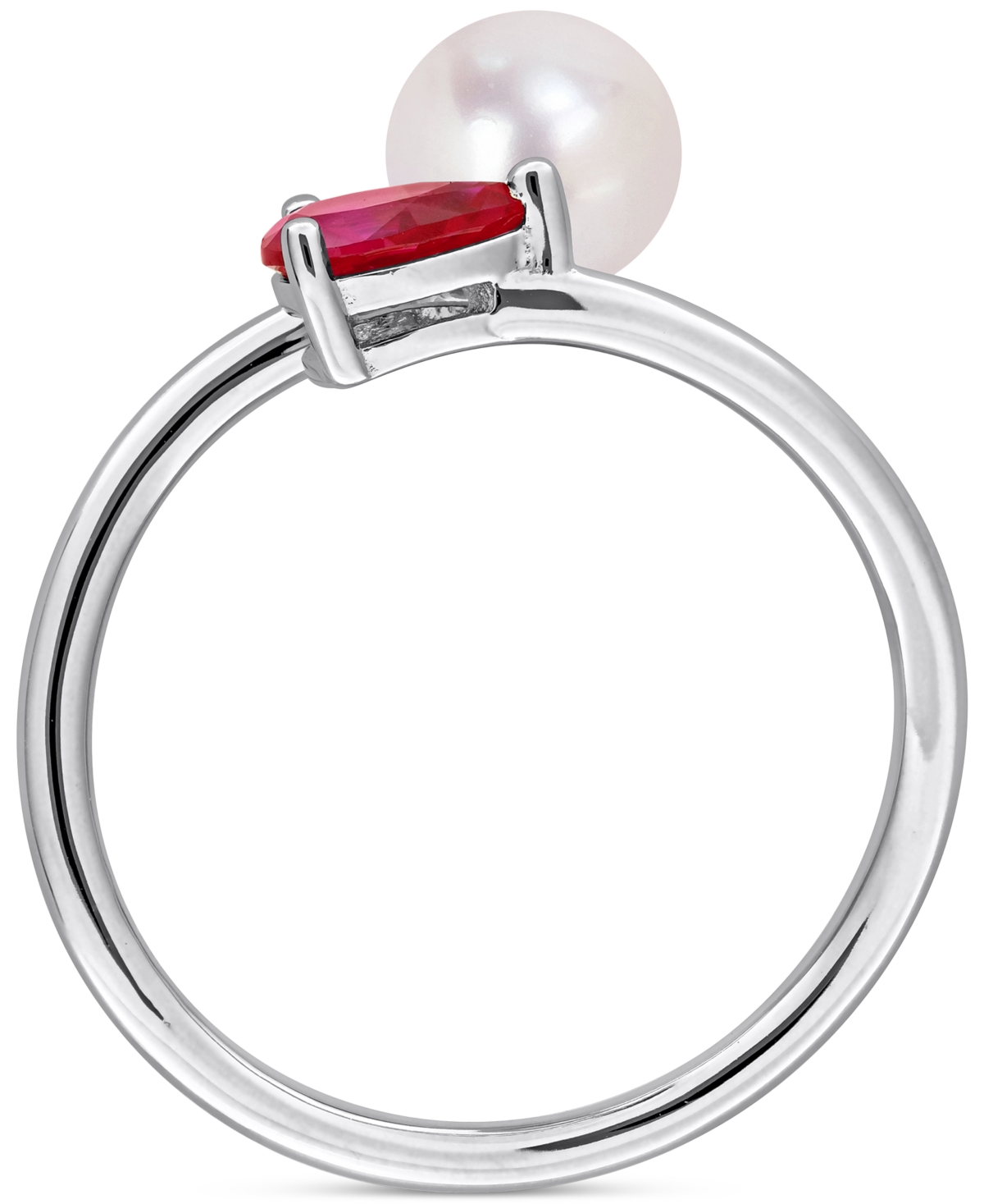 Macy's Cultured Freshwater Pearl (6mm) & Lab Grown Ruby (5/8 Ct. T.w.) Bypass Ring In Sterling Silver In Silver