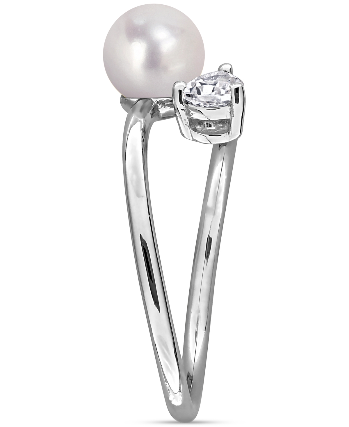 Macy's Cultured Freshwater Pearl (6mm) & Lab Grown White Sapphire (5/8 Ct. T.w.) Bypass Ring In Sterling Si In Silver