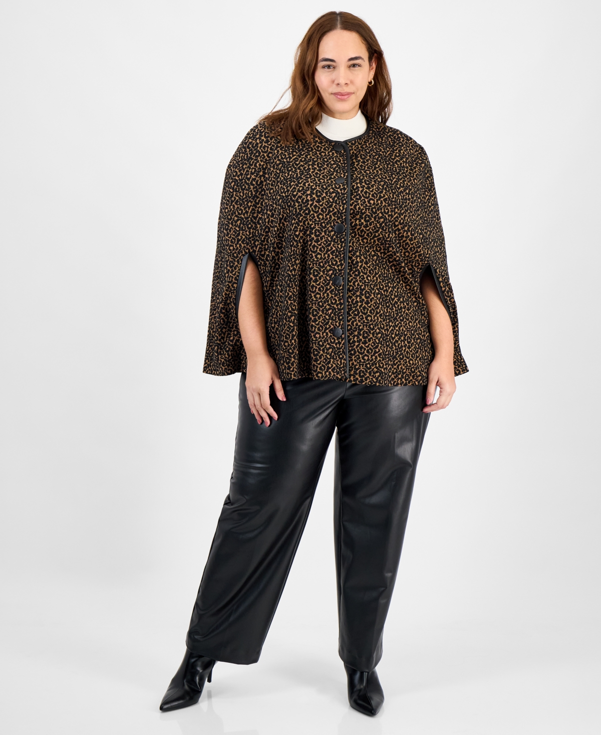 Kasper Plus Size Knit Jacquard Snap-front Cape Jacket In Brown