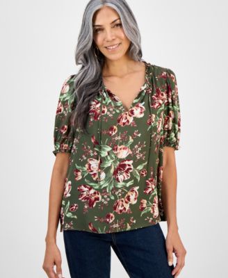 Style & Co - Women's Floral-Print Ruffle Puff-Sleeve Top