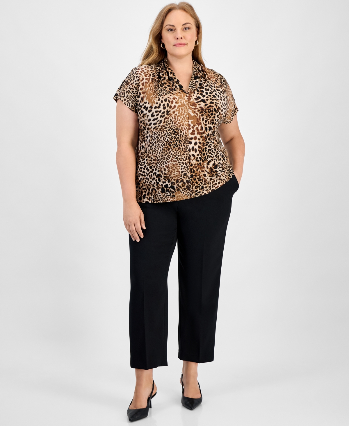 Kasper Plus Size Animal Print Short-sleeve Top In Animal Print