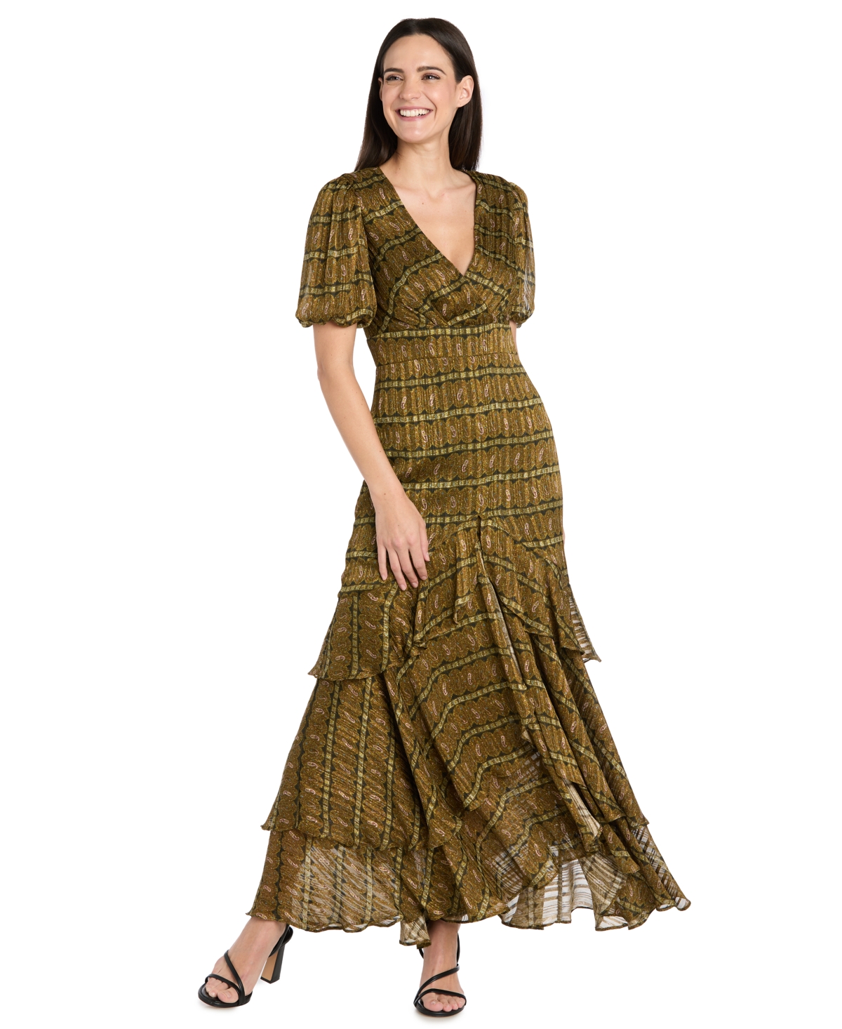 R & M Richards Women's Satin Metallic Stripe Puff-sleeve Dress In Green