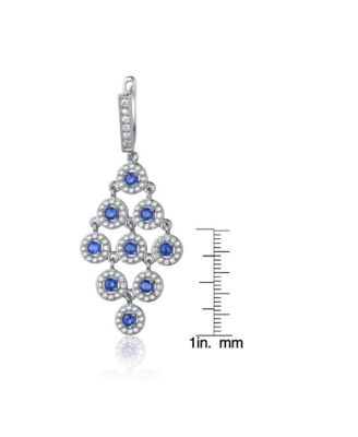 Cubic Zirconia Sterling Silver Rhodium Plated Blue Round Chandelier Earrings