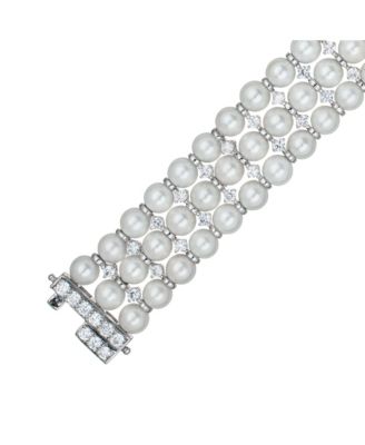 Sterling Silver White Gold Plated Cubic Zirconia 3 Row Pearl Bracelet