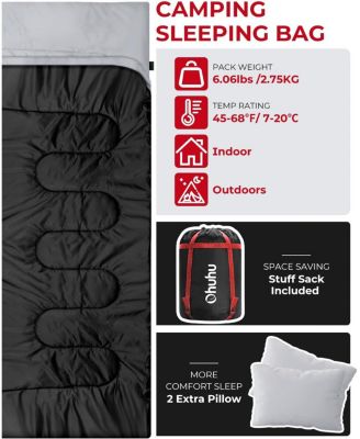 Double Sleeping Bag for Adults with 2 Pillows, Queen Size Two Person Sleeping Bag for Camping