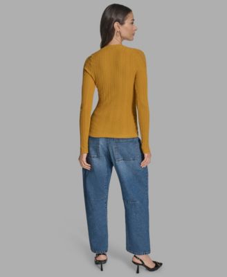 Women's Long Sleeve Mix-Stitch Henley Neck Sweater