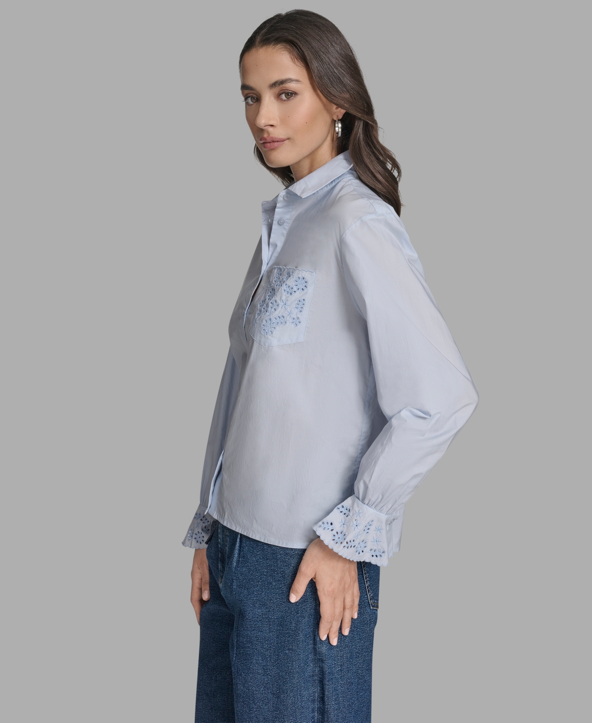 Bcbg Women's Long Sleeve Button-up Embroidered Top In Blue