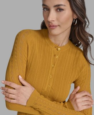 Women's Long Sleeve Mix-Stitch Henley Neck Sweater