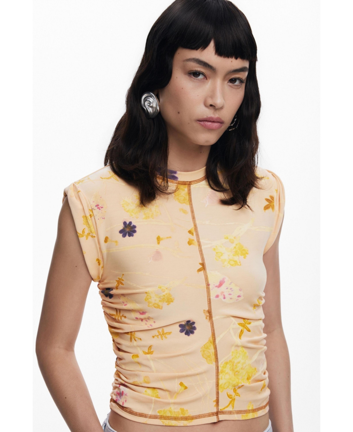 Desigual Floral Exposed Seam Top In Multi