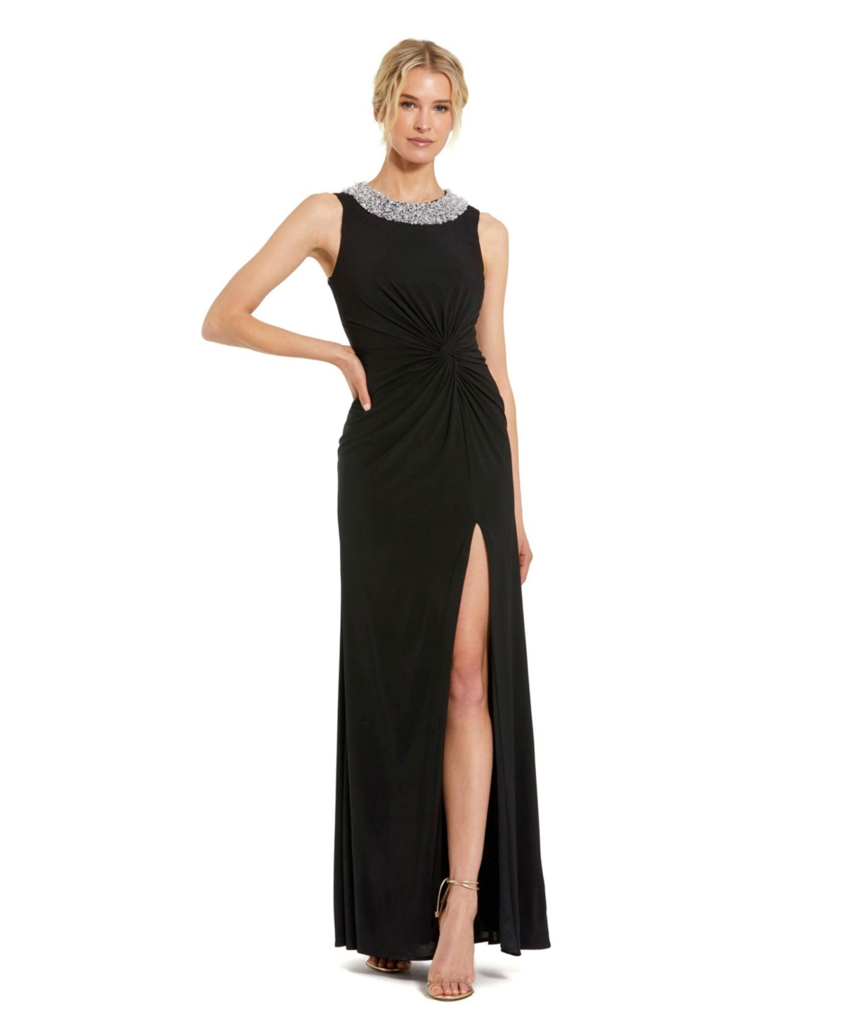Mac Duggal Women's Jersey Sleeveless Beaded Neck Gown With Twist - Black