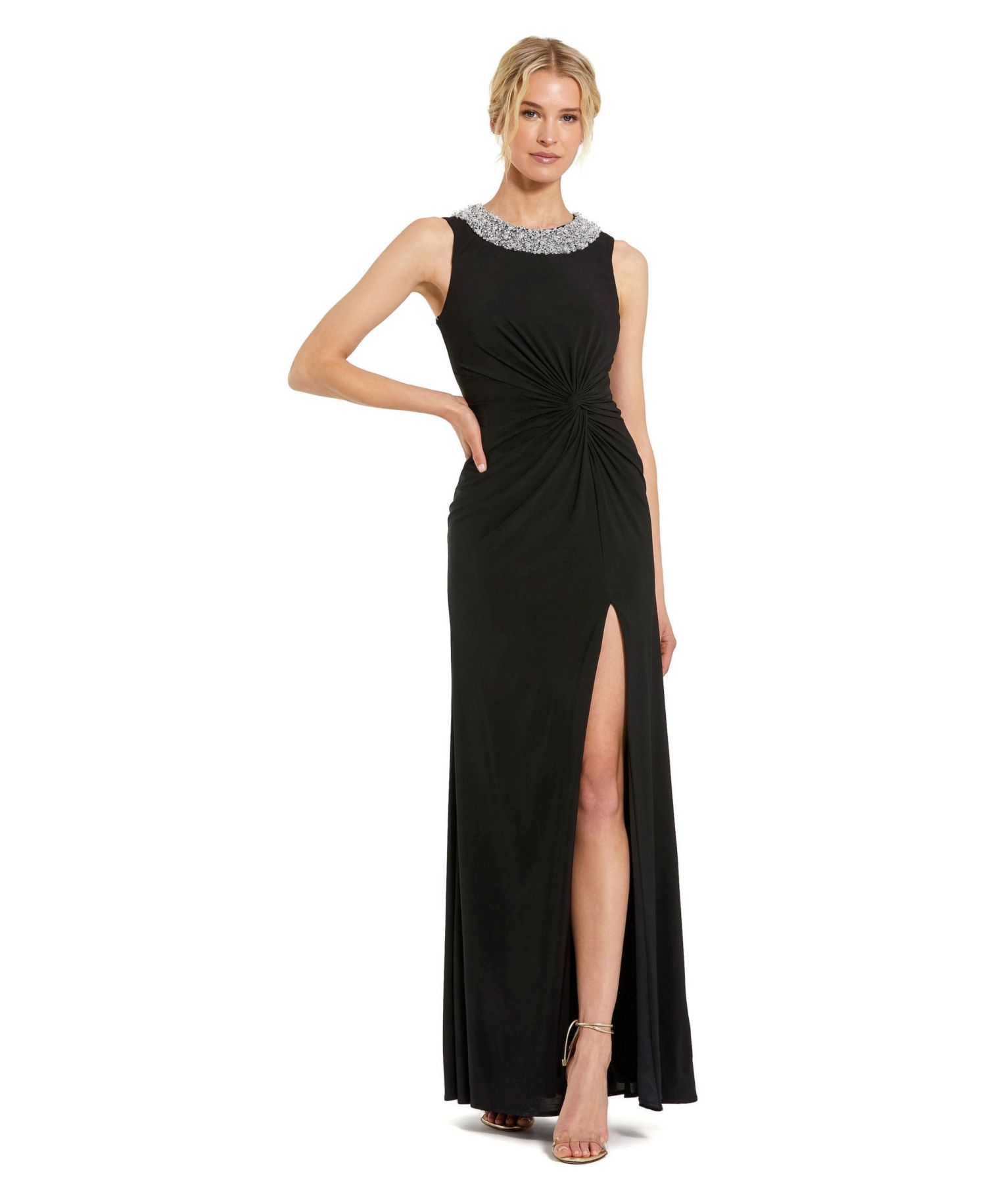 Women's Jersey Sleeveless Beaded Neck Gown With Twist
